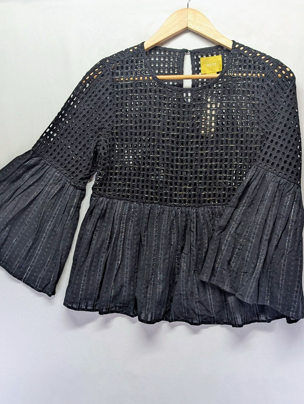 106.NWT Maeve Black Crochet Peplum Bell Sleeve Blouse